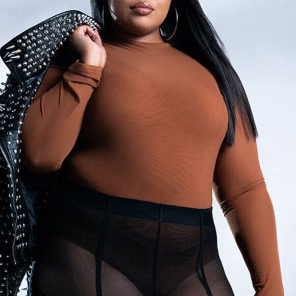 Plus Size Callie Sexy Mesh Long Sleeve Almond Brown Bodysuit 1X M - Picture 2 of 4